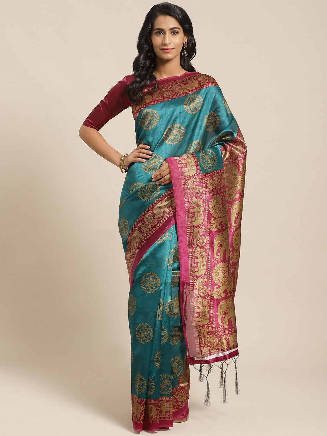 Saree Mall Teal Green & Beige Printed Bhagalpuri Saree | Grocsy