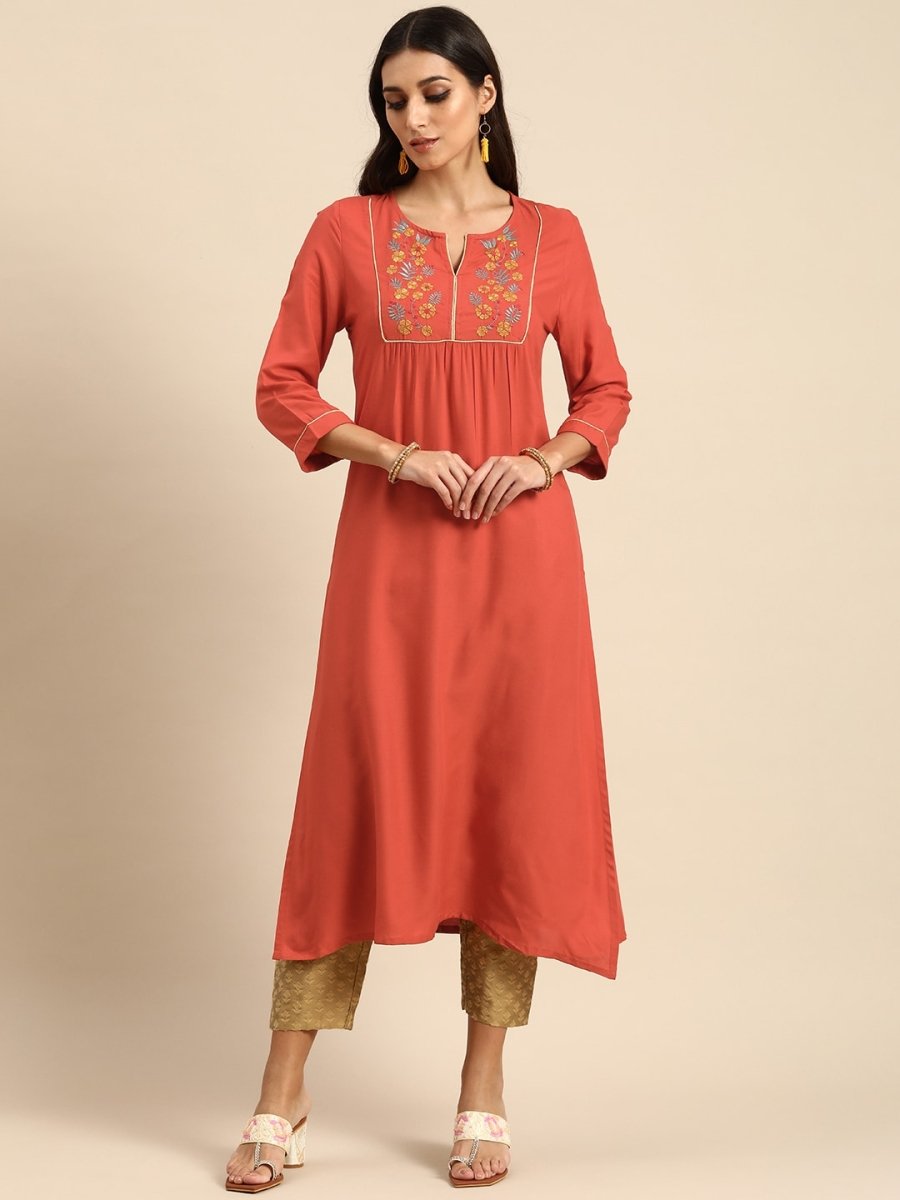 All About You Women Rust Orange Floral Yoke Design Embroidered Thread Work Straight Kurta | Grocsy