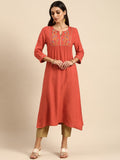 All About You Women Rust Orange Floral Yoke Design Embroidered Thread Work Straight Kurta | Grocsy