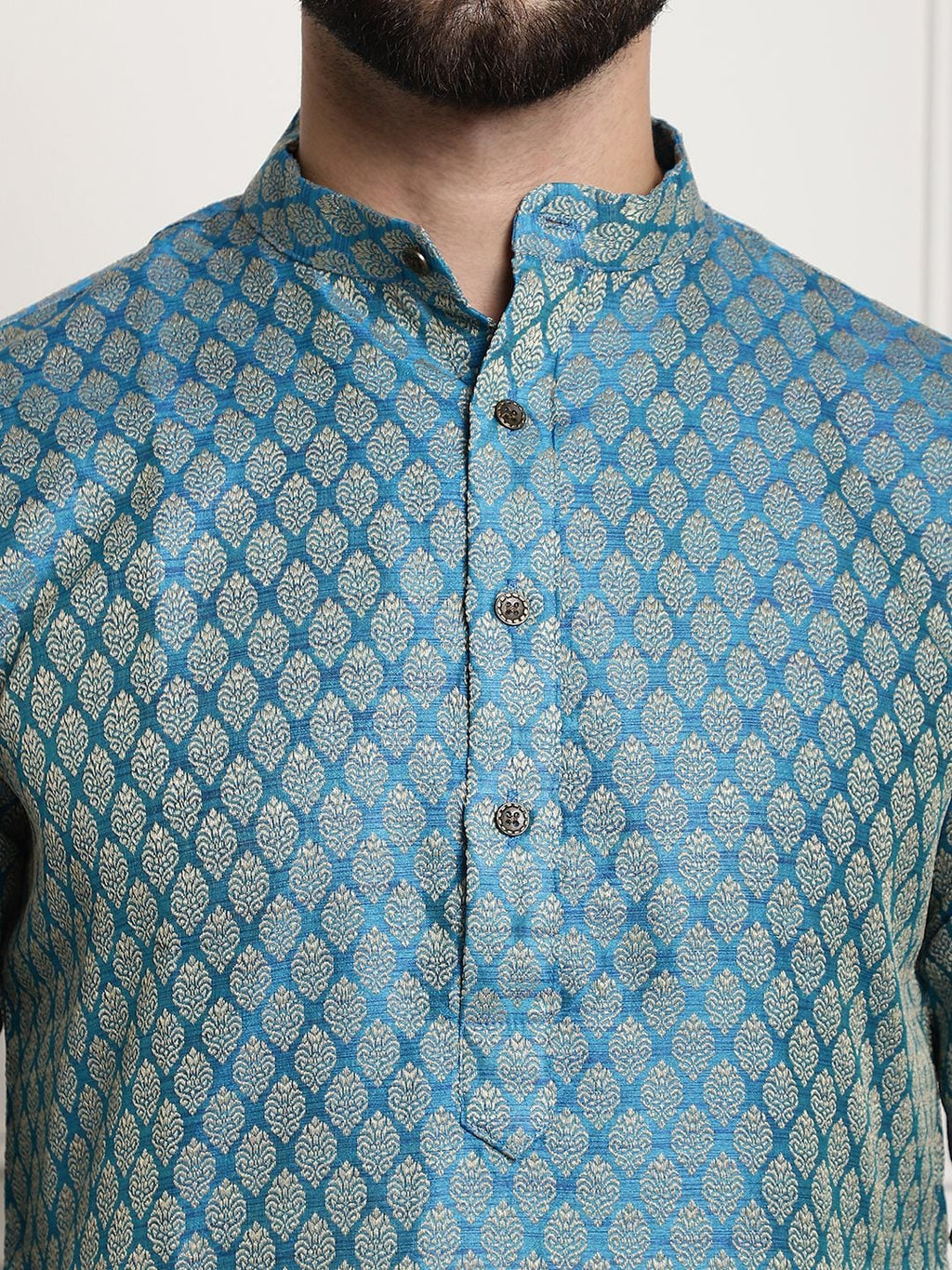 Sojanya Men Blue & Off-White Woven Design Kurta with Churidar | Grocsy