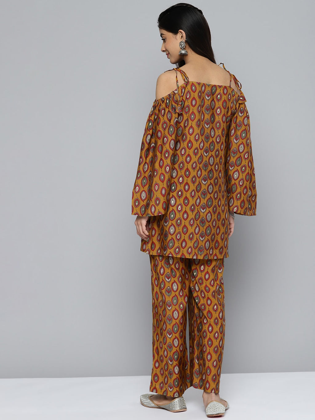 HERE&NOW Women Ethnic Motifs Printed Cold-Shoulder Kurta with Palazzos | Grocsy