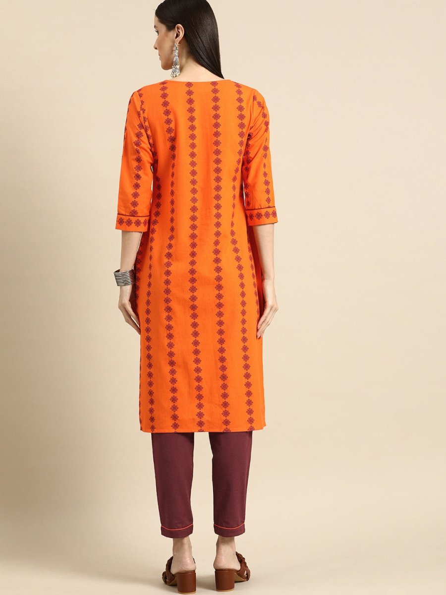 All About You Women Orange Printed Kurta with Maroon Solid Trousers | Grocsy