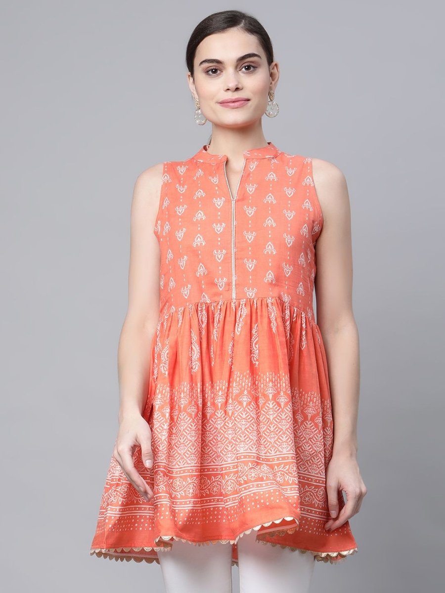 Ahalyaa Women Orange Pure Cotton Porcian Print Tunic | Grocsy