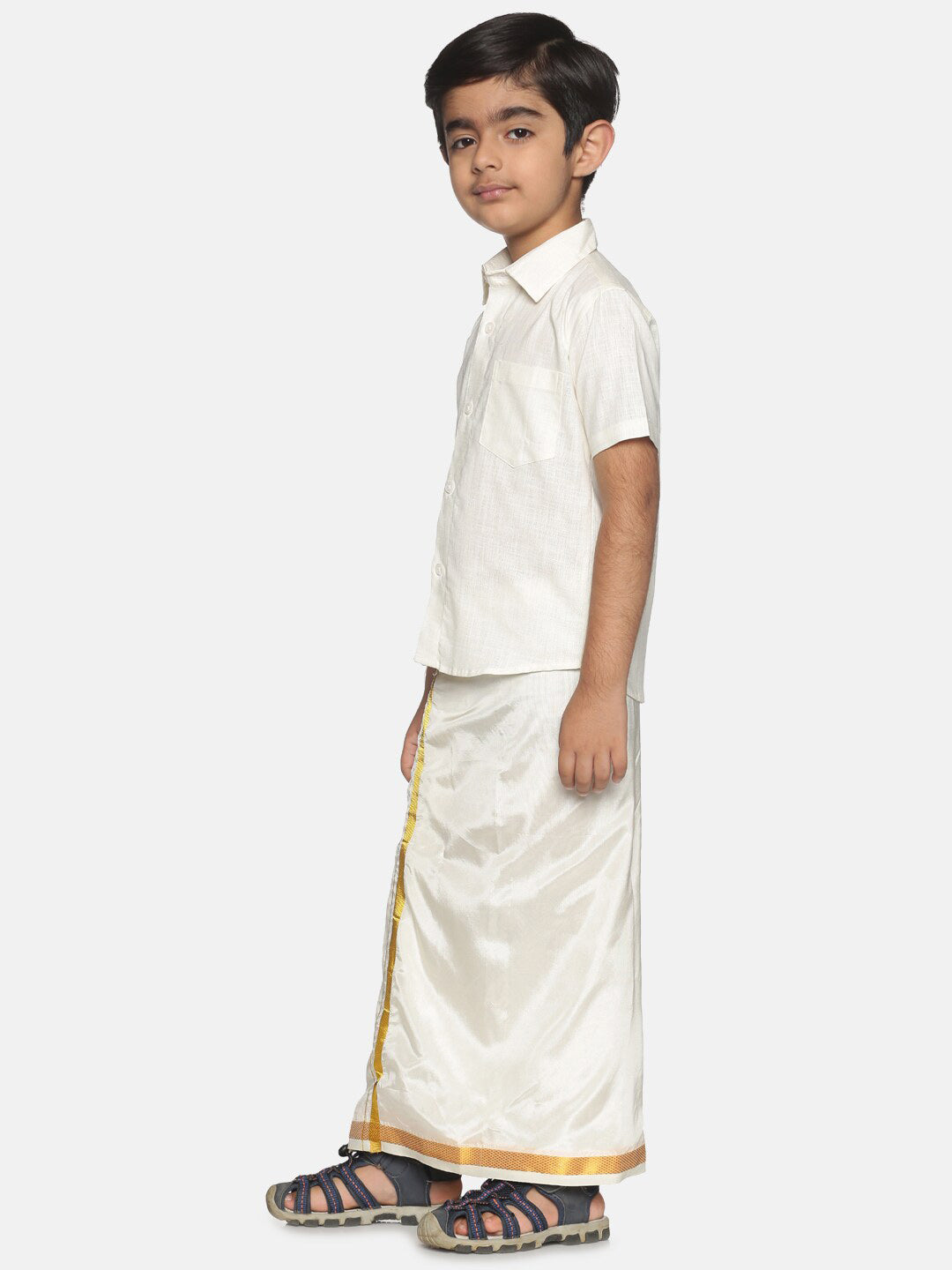 Sethukrishna Boys Cream-Coloured & Gold-Coloured Shirt with Dhoti | Grocsy