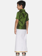 Sethukrishna Olive Green & White Solid Shirt and Veshti For Boys | Grocsy