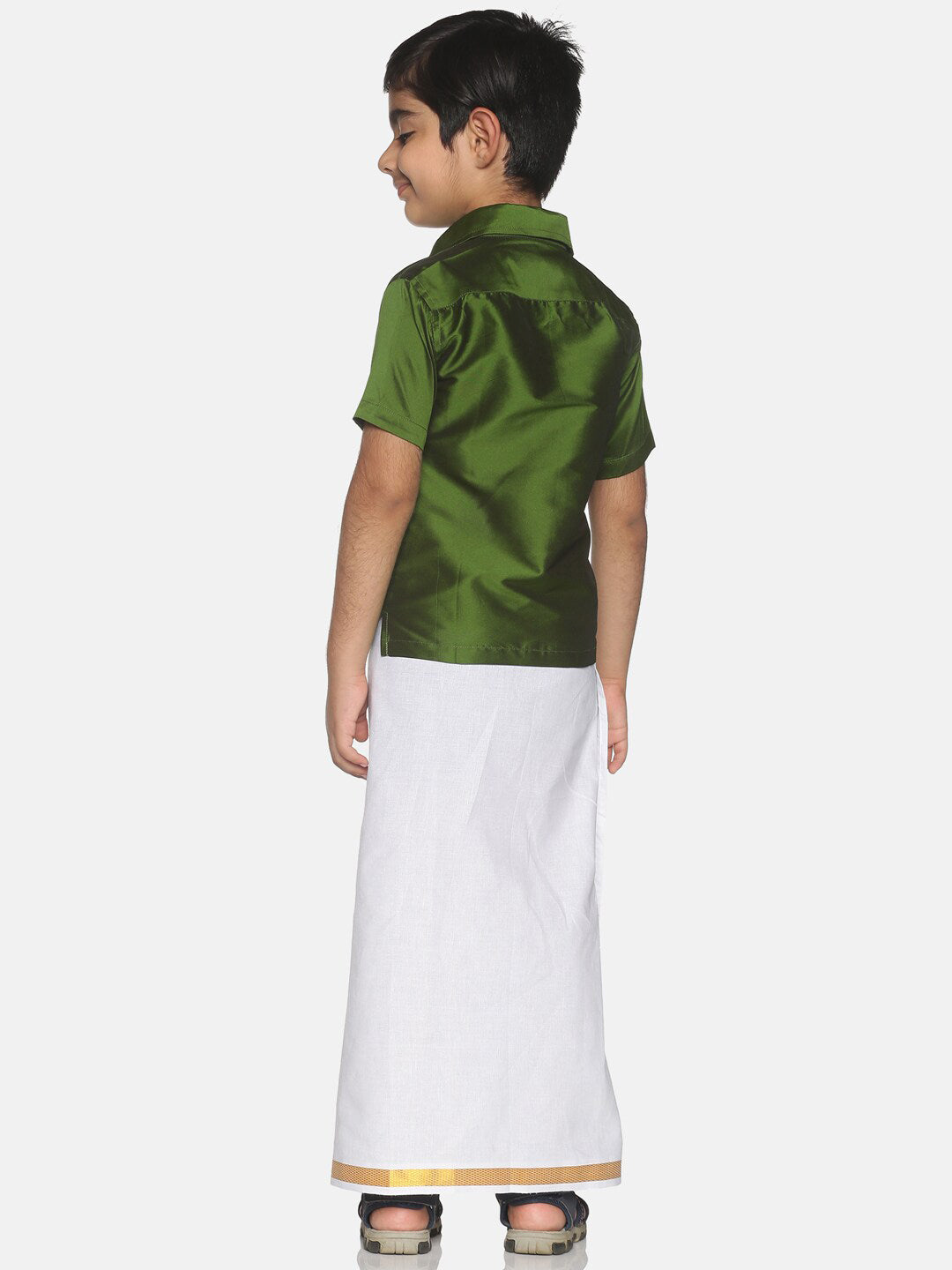 Sethukrishna Olive Green & White Solid Shirt and Veshti For Boys | Grocsy