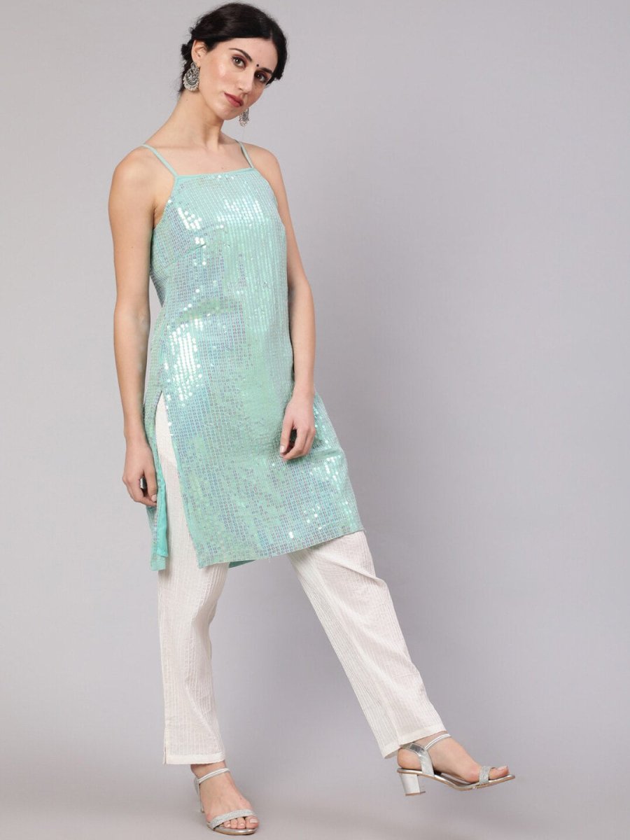 Aks Geometric Embroidered Sequinned Georgette Straight Kurta | Grocsy