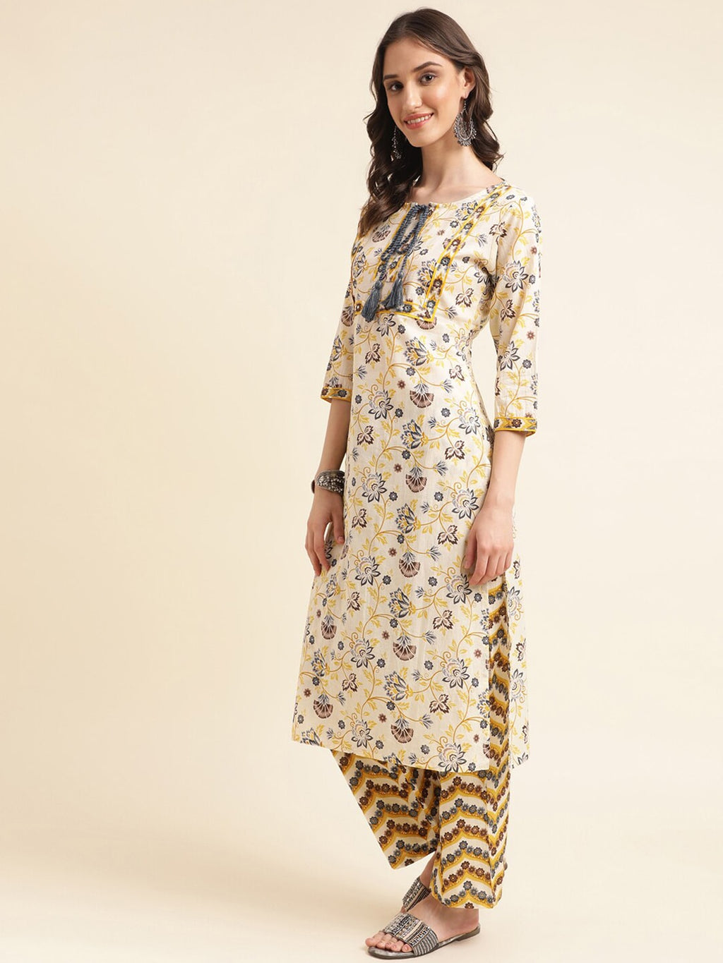 Sangria Beige Floral Printed Mirror Work Pure Cotton Kurta With Trousers & Dupatta | Grocsy