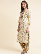 Sangria Beige Floral Printed Mirror Work Pure Cotton Kurta With Trousers & Dupatta | Grocsy