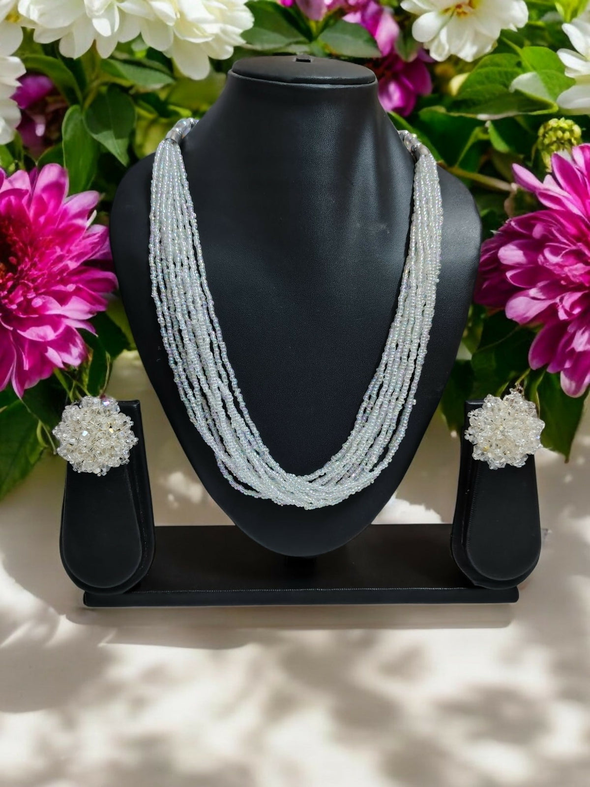 Inhanns Bloom Handmade Beaded Necklace With Earrings - 12 Layers - Ivory | Grocsy