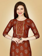 Jyoti Fashion Women's Rust Viscose Rayon Embroidered Kurta Pant Set | Grocsy