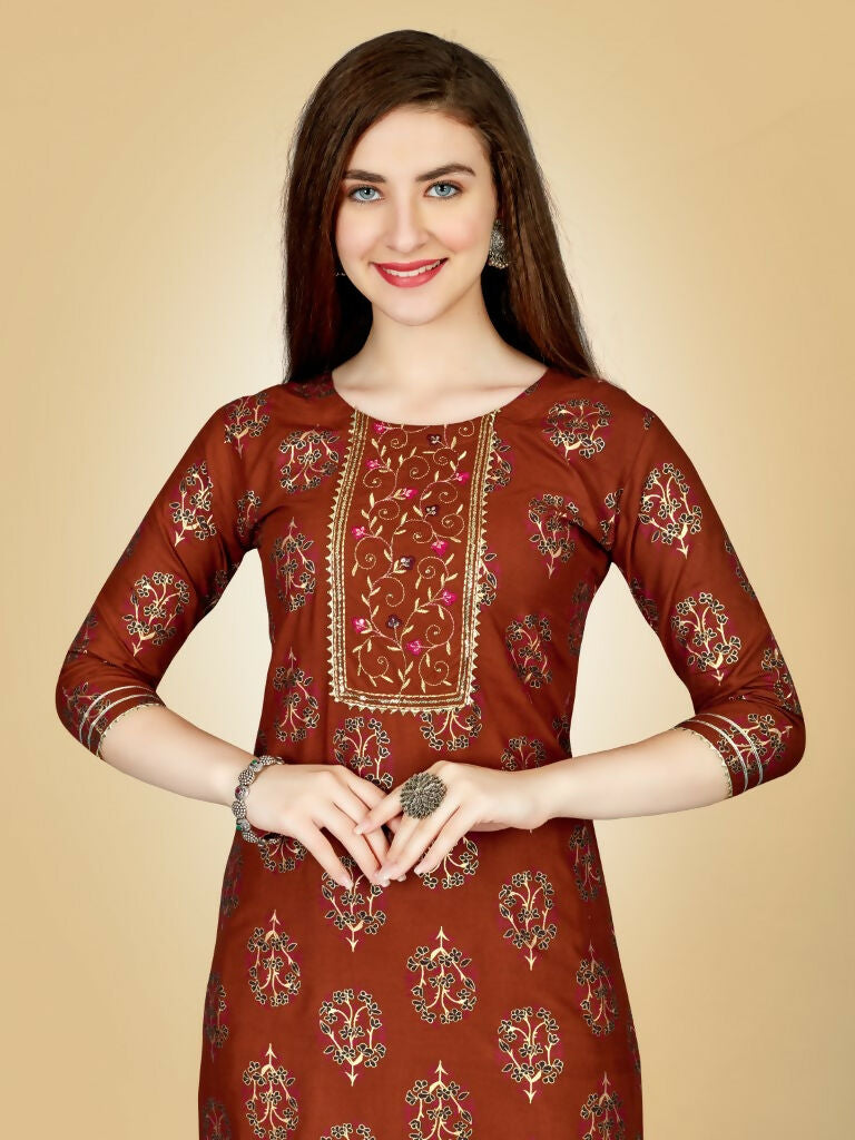 Jyoti Fashion Women's Rust Viscose Rayon Embroidered Kurta Pant Set | Grocsy