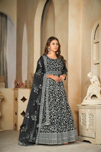 Jyoti Fashion Women's Black Net Embroidered Anarkali Kurta Pant Set With Dupatta | Grocsy