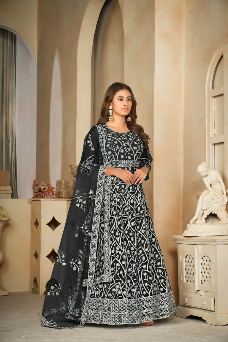 Jyoti Fashion Women's Black Net Embroidered Anarkali Kurta Pant Set With Dupatta | Grocsy