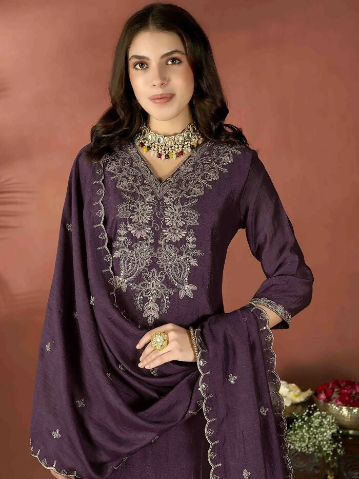 The52 Wine Women's Gorgeous Vichitra Fabric Embroidered Work Straight Kurta Pant and Dupatta Set | Grocsy