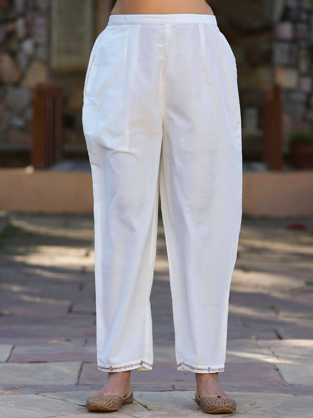 Juniper Women's Off-White Chinnon Embroidered Kurta Pant Dupatta Set | Grocsy