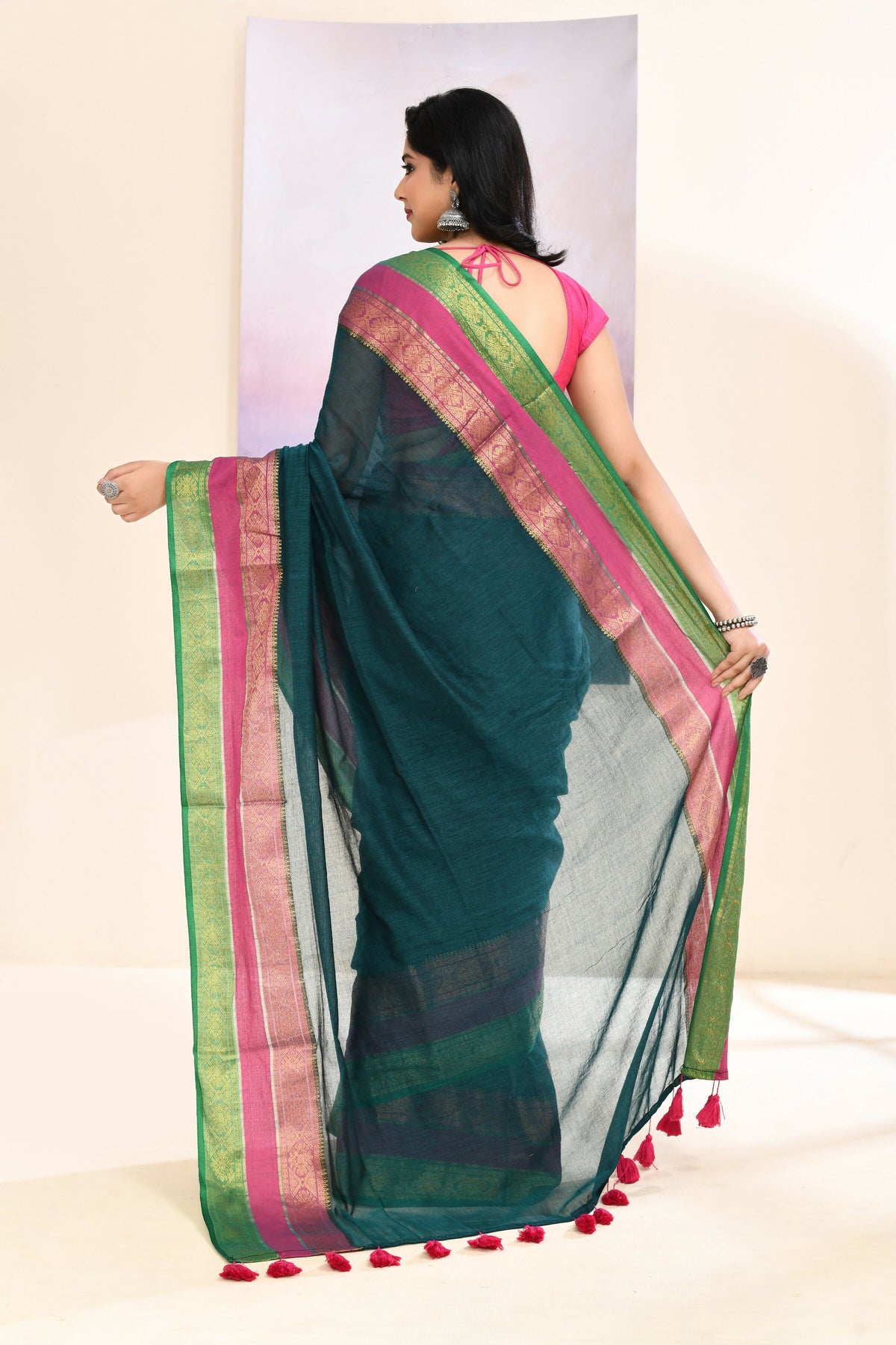 Piyari Fashion Women's Teal Embellished Zari Border Cotton Saree | Grocsy