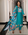 Jyoti Fashion Women's Teal Viscos Simmer Hand Work with Floral Printed Kurta Set | Grocsy