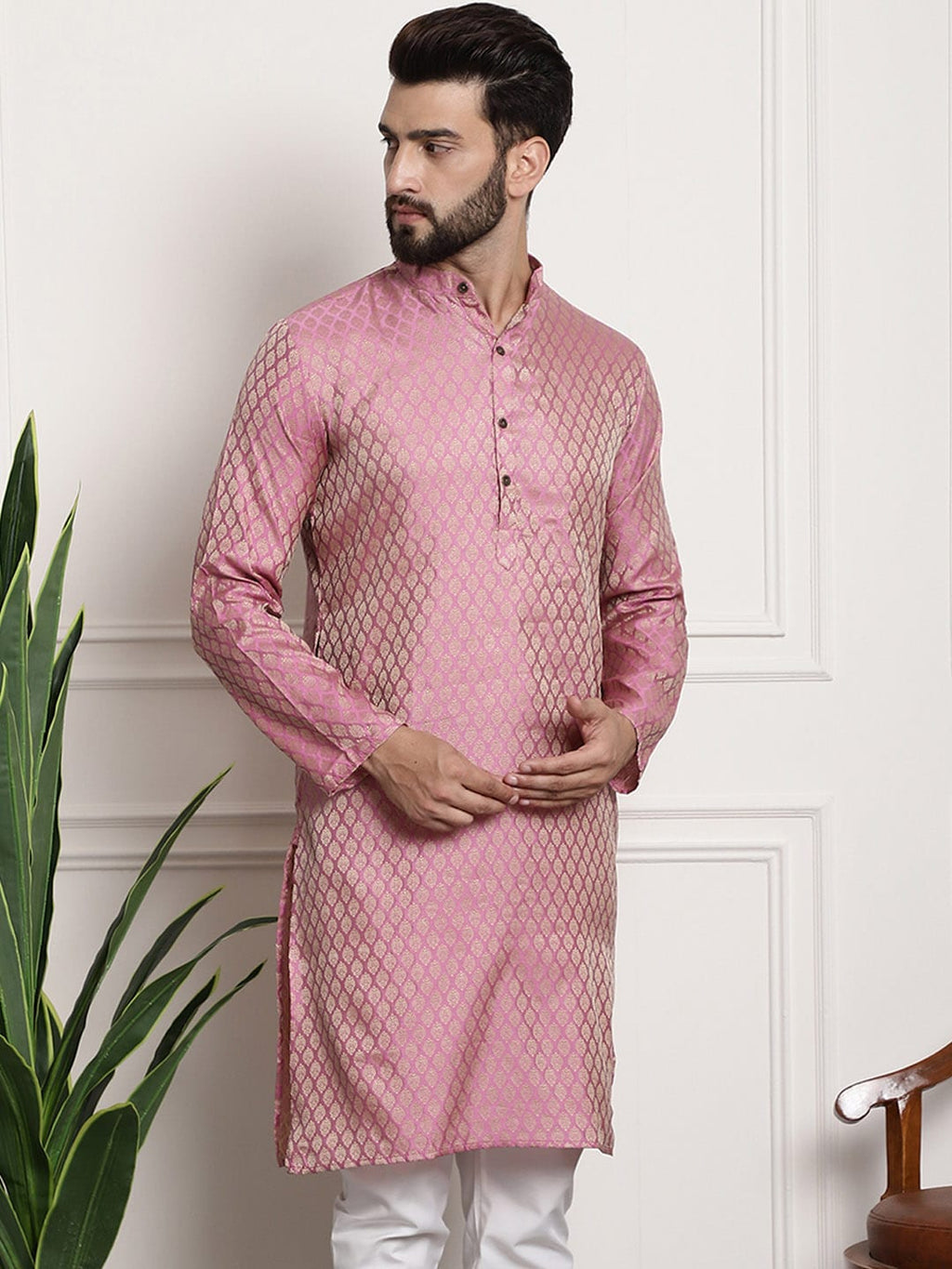 Sojanya Woven Design Mandarin Collar Silk Cotton Kurta | Grocsy