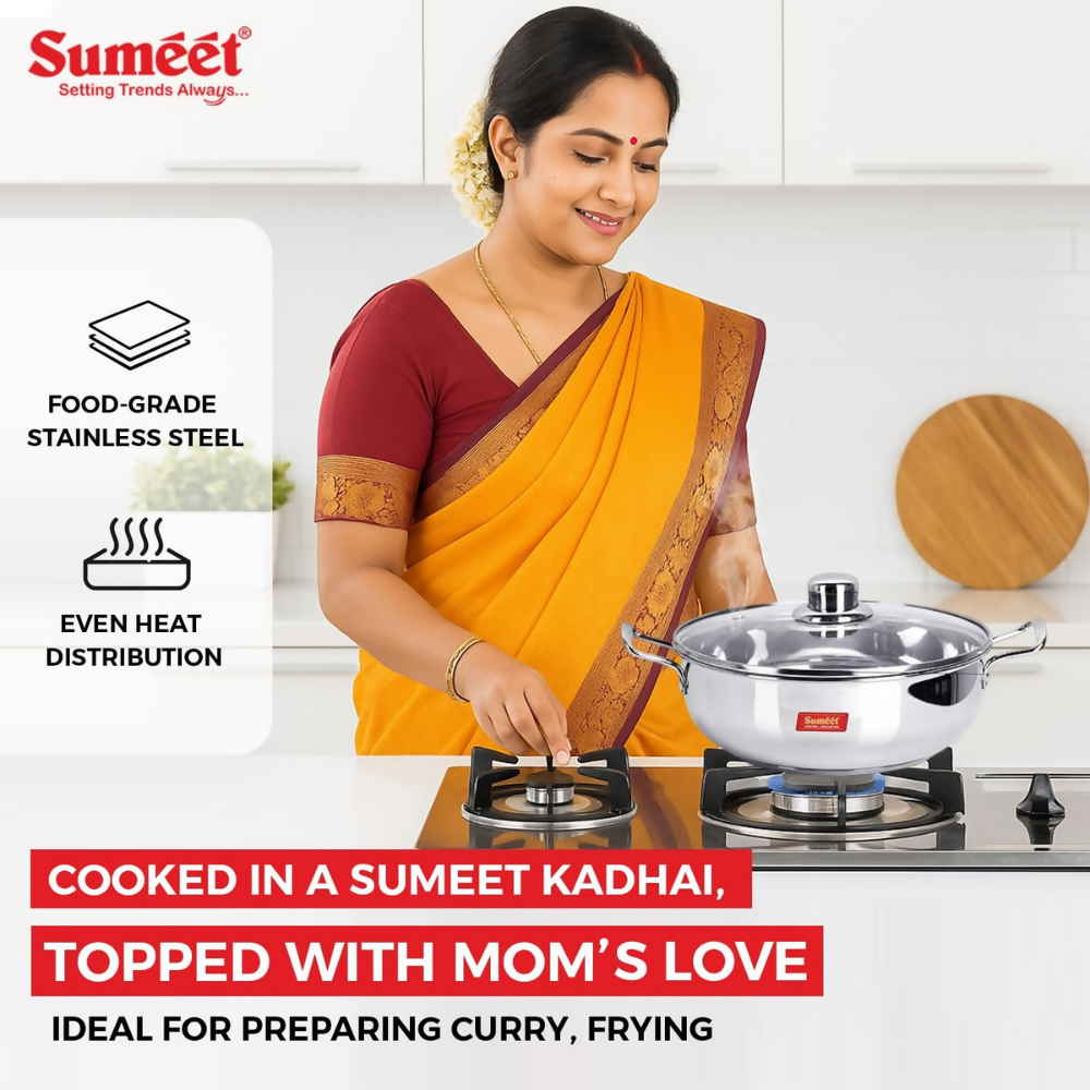 Sumeet Stainless Steel Induction Bottom Kadhai with Glass Lid | Grocsy