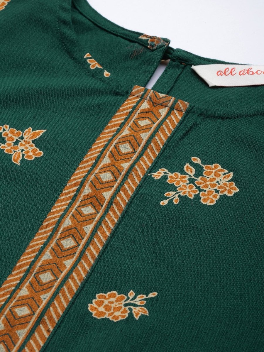 All About You Women Green & Brown Floral Printed Regular Pure Cotton Kurta with Trousers | Grocsy