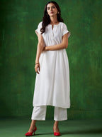 Sangria White Extended Sleeves A-Line Kurta With Trouser | Grocsy