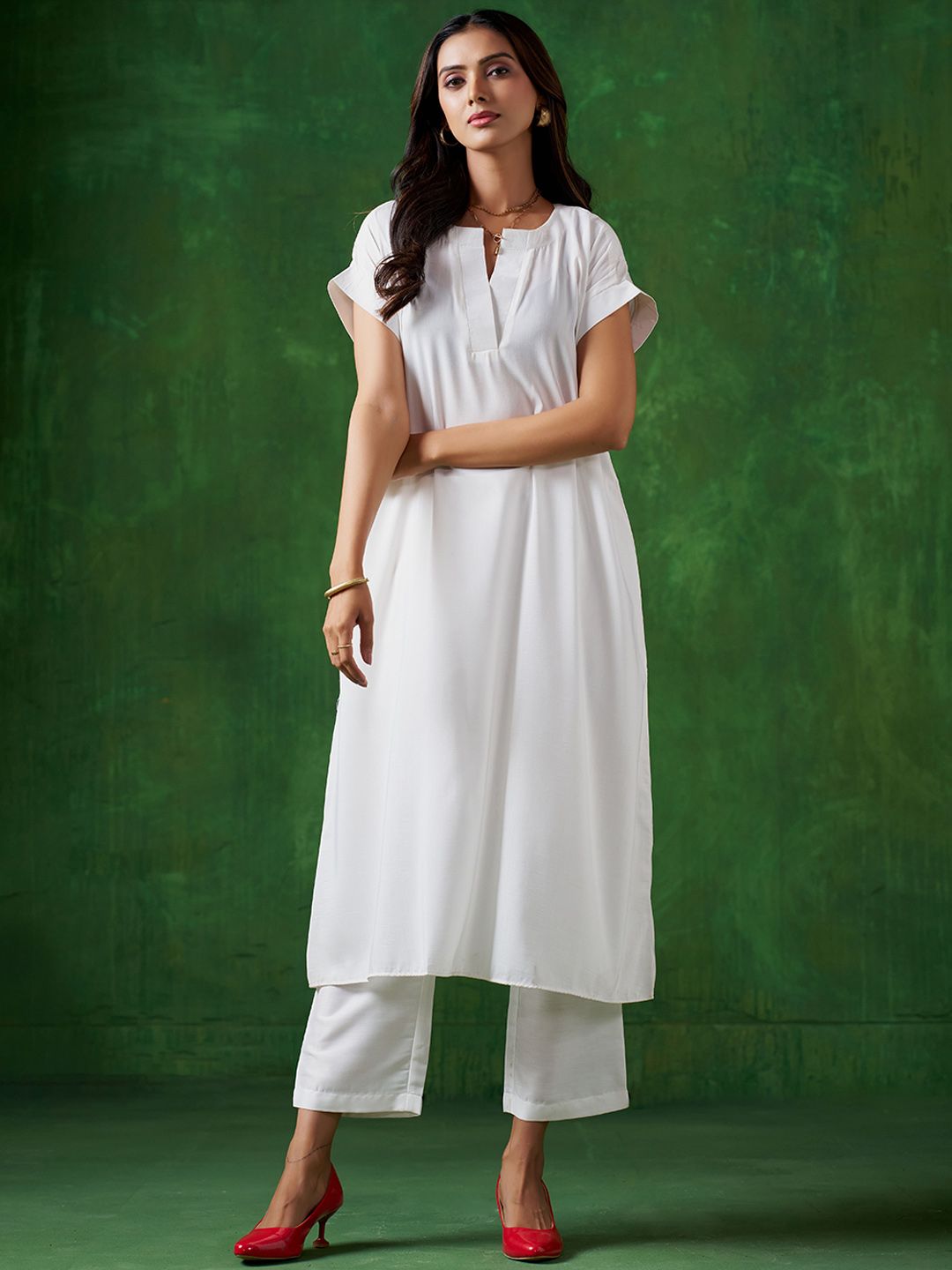 Sangria White Extended Sleeves A-Line Kurta With Trouser | Grocsy