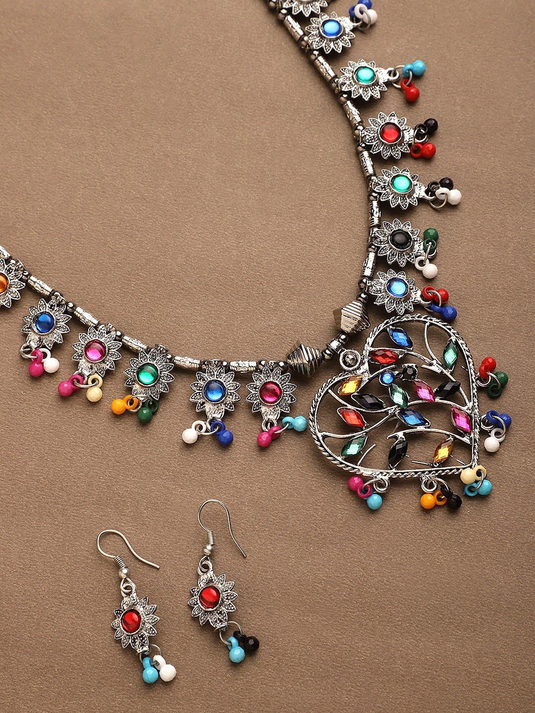 Cardinal Multi-Colored Heart Oxidised Long Jewellery Set | Grocsy