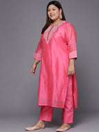 Sztori Plus Size Ethnic Yoke Design Regular Chanderi Silk Kurta & Trousers With Dupatta | Grocsy