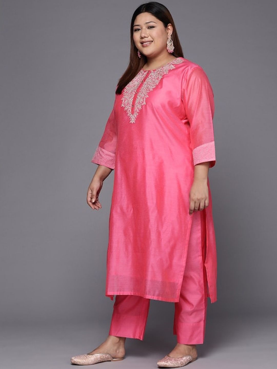 Sztori Plus Size Ethnic Yoke Design Regular Chanderi Silk Kurta & Trousers With Dupatta | Grocsy