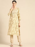 Sangria Women Beige Floral Printed Gotta Patti Kurta with Trousers | Grocsy