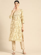 Sangria Women Beige Floral Printed Gotta Patti Kurta with Trousers | Grocsy