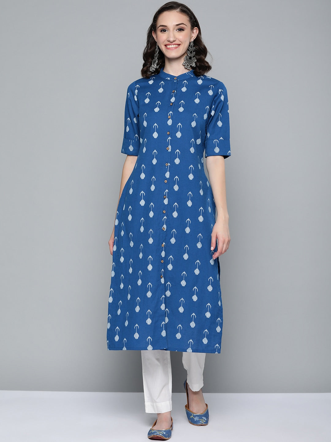 HERE&NOW Women Blue & White Ethnic Motifs Printed Kurta | Grocsy