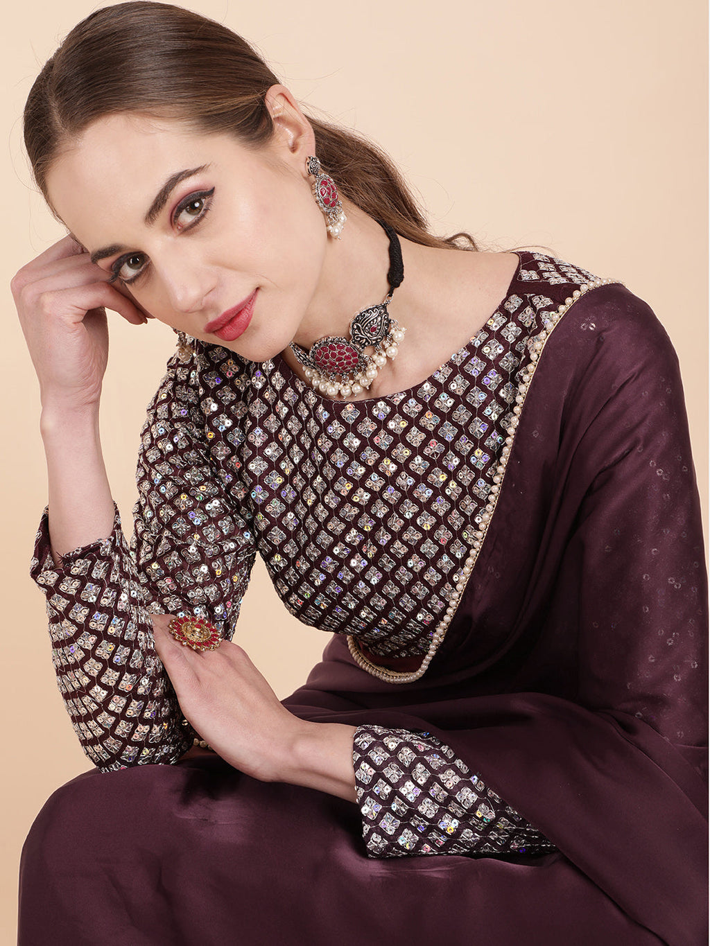 Sangria Burgundy Sequinned Satin Saree | Grocsy