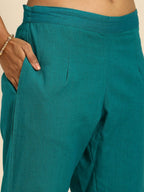 All About You Women Teal Blue Floral Printed Regular Pure Cotton Kurta with Trousers | Grocsy