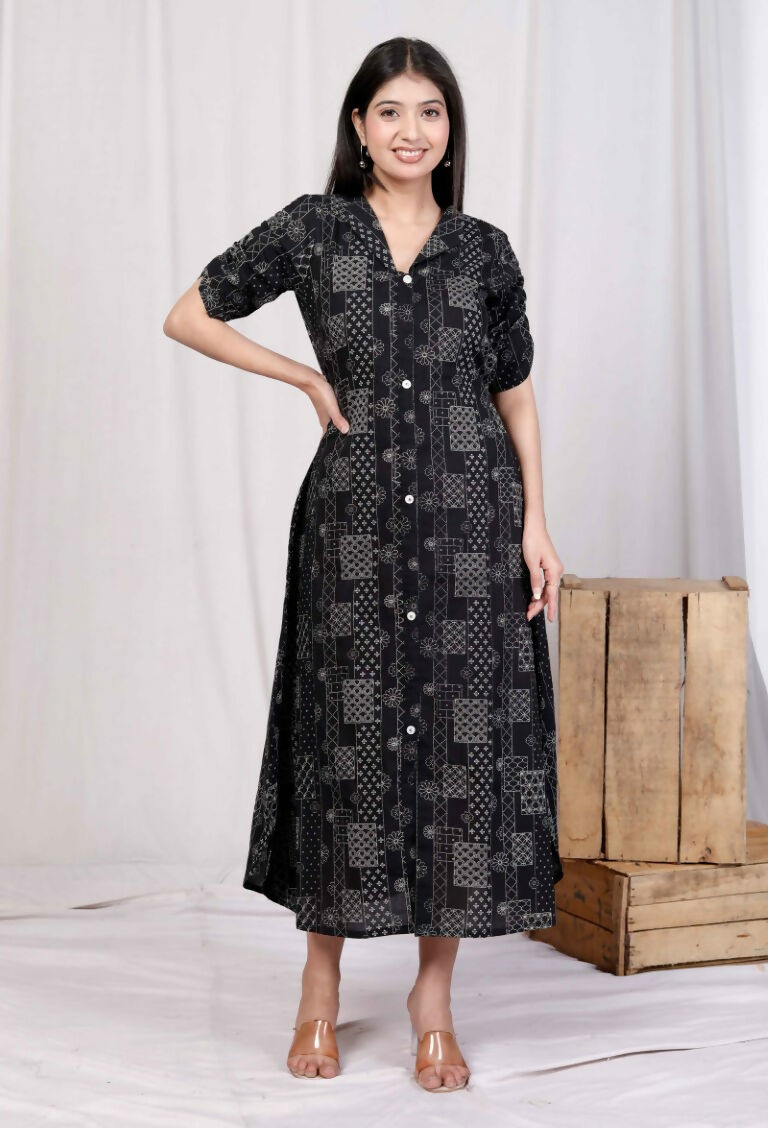 Miravan Women's Pure Cotton Black Floral Printed Front Button A-Line Midi Dress | Grocsy
