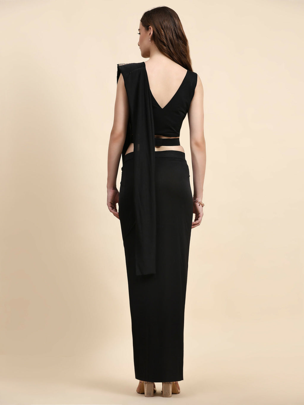 Black Polyester Solid Ready to Wear Saree with stitched Blouse - Nita | Grocsy