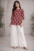 Teeya Creation Womens New Trendy Red Flower Floral Printed Short Kurti with Beige Palazzo Set | Grocsy