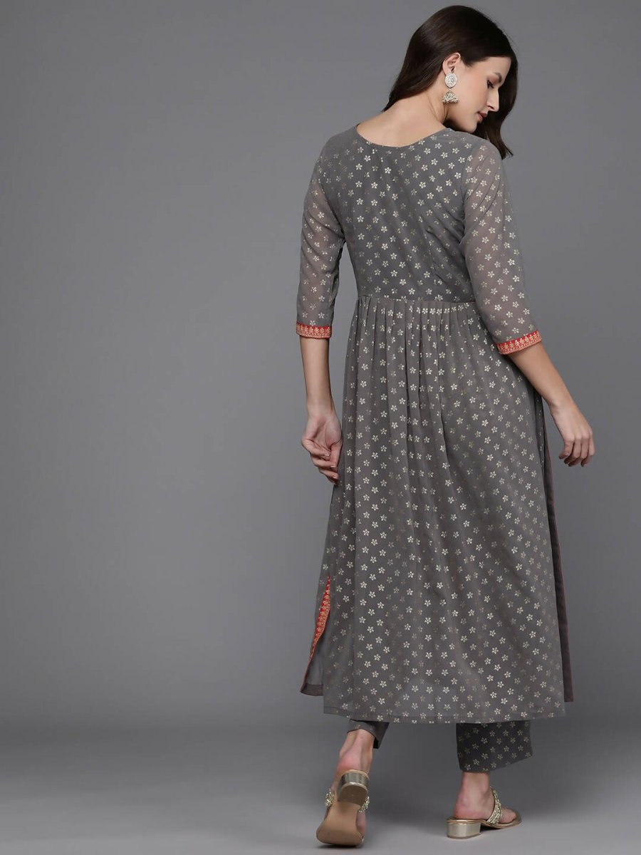 Ahalyaa Women Ethnic Motifs Printed Pleated Sequinned Kurta with Trousers - Grey Color | Grocsy