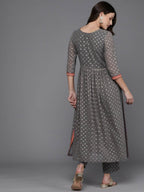 Ahalyaa Women Ethnic Motifs Printed Pleated Sequinned Kurta with Trousers - Grey Color | Grocsy