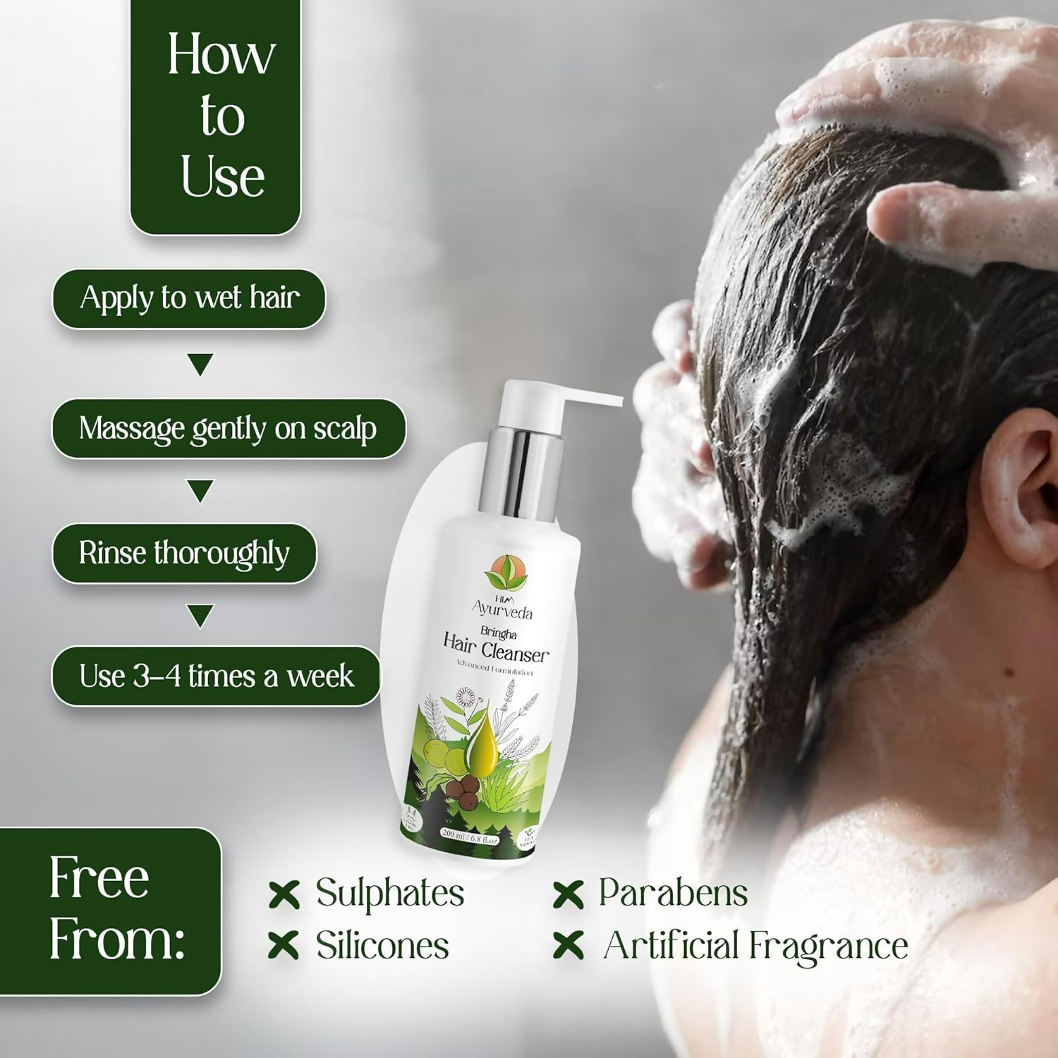 Him Ayurveda Green Tea Bringha Hair Cleanser Ayurvedic Shampoo For Hair Growth & Hair Fall Control | Grocsy