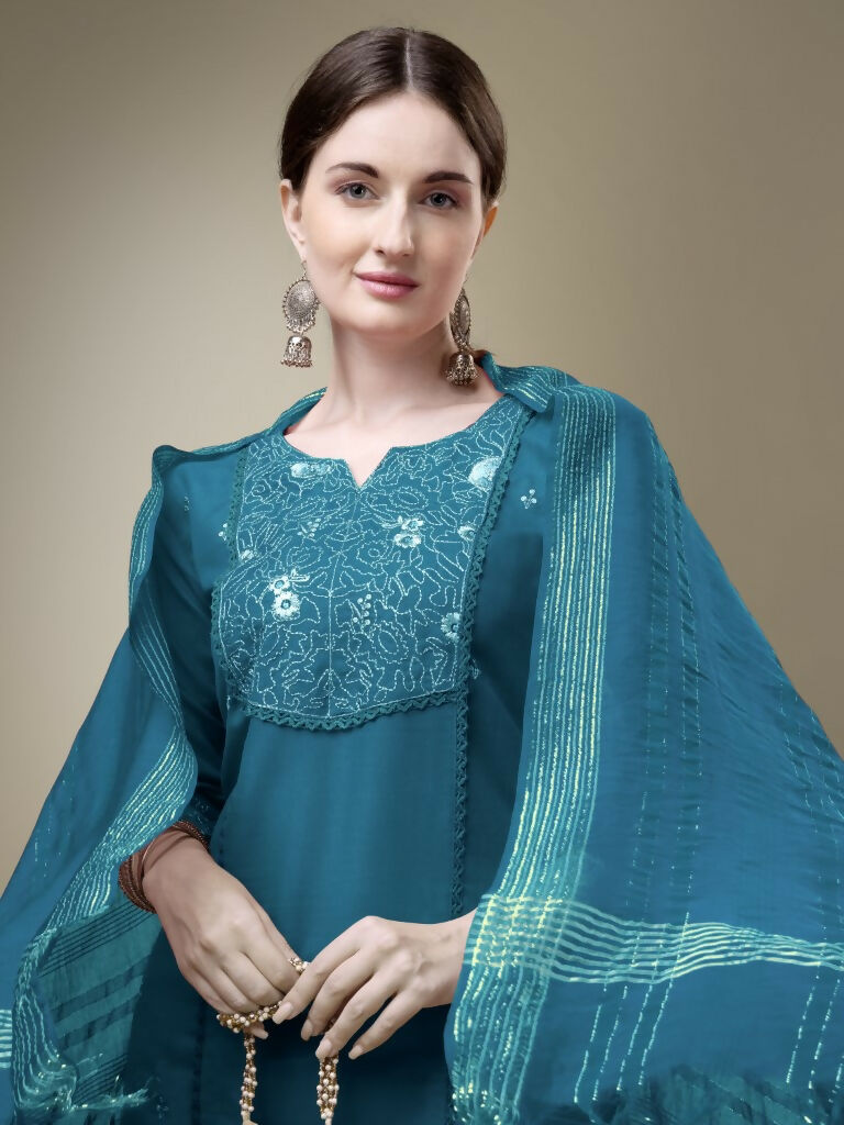 Jyoti Fashion Women's Morpich Cotton Blend Embroidery & Fancy Lace work Kurta with Trouser & Dupatta | Grocsy