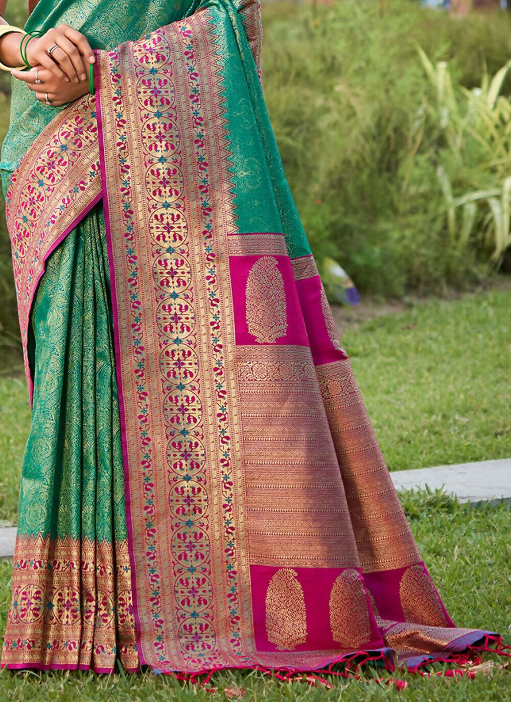 Shree Shyam Fashion Rama Green Banarasi Silk Saree | Grocsy