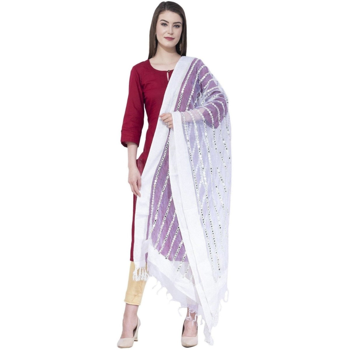 A R Silk Women's Mirror Work Orgenza Cotton White Dupattas and Chunnis | Grocsy