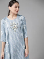 Yufta Women Blue & White Floral Printed Ethnic A-Line Midi Dress with Jacket | Grocsy