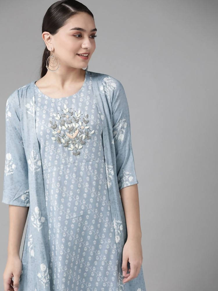 Yufta Women Blue & White Floral Printed Ethnic A-Line Midi Dress with Jacket | Grocsy
