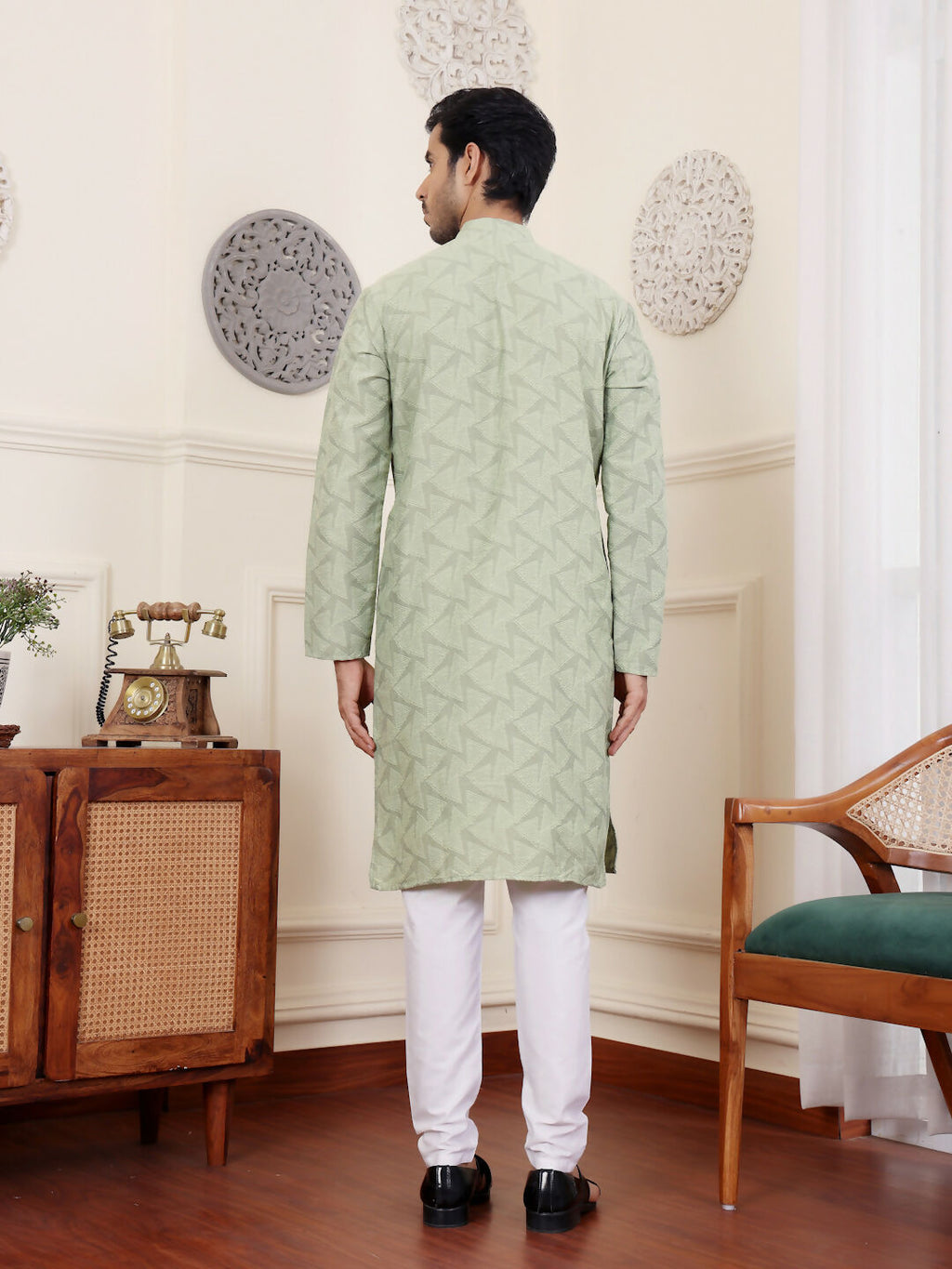 Green Viscose Woven Jacquard Work Men's Rajwadi Kurta Set - Mahotsav | Grocsy