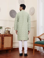 Green Viscose Woven Jacquard Work Men's Rajwadi Kurta Set - Mahotsav | Grocsy