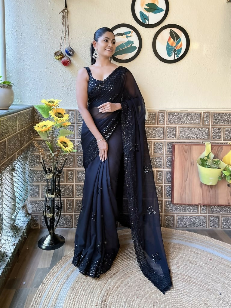 Black Georgette Sequence Embroidery Cut Work Saree - Saadia | Grocsy