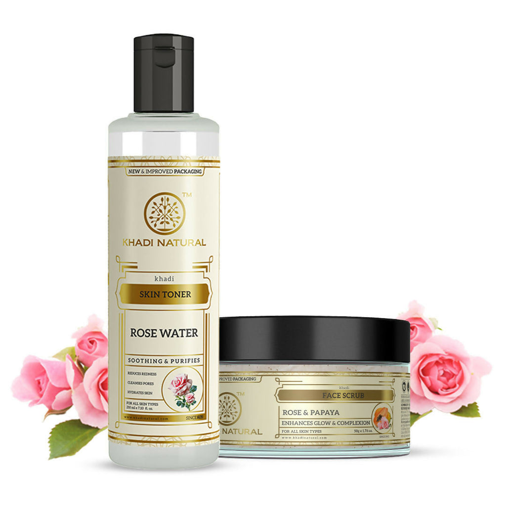 Khadi Natural Rose & Papaya Face Scrub + Rosewater Skin Toner | Grocsy